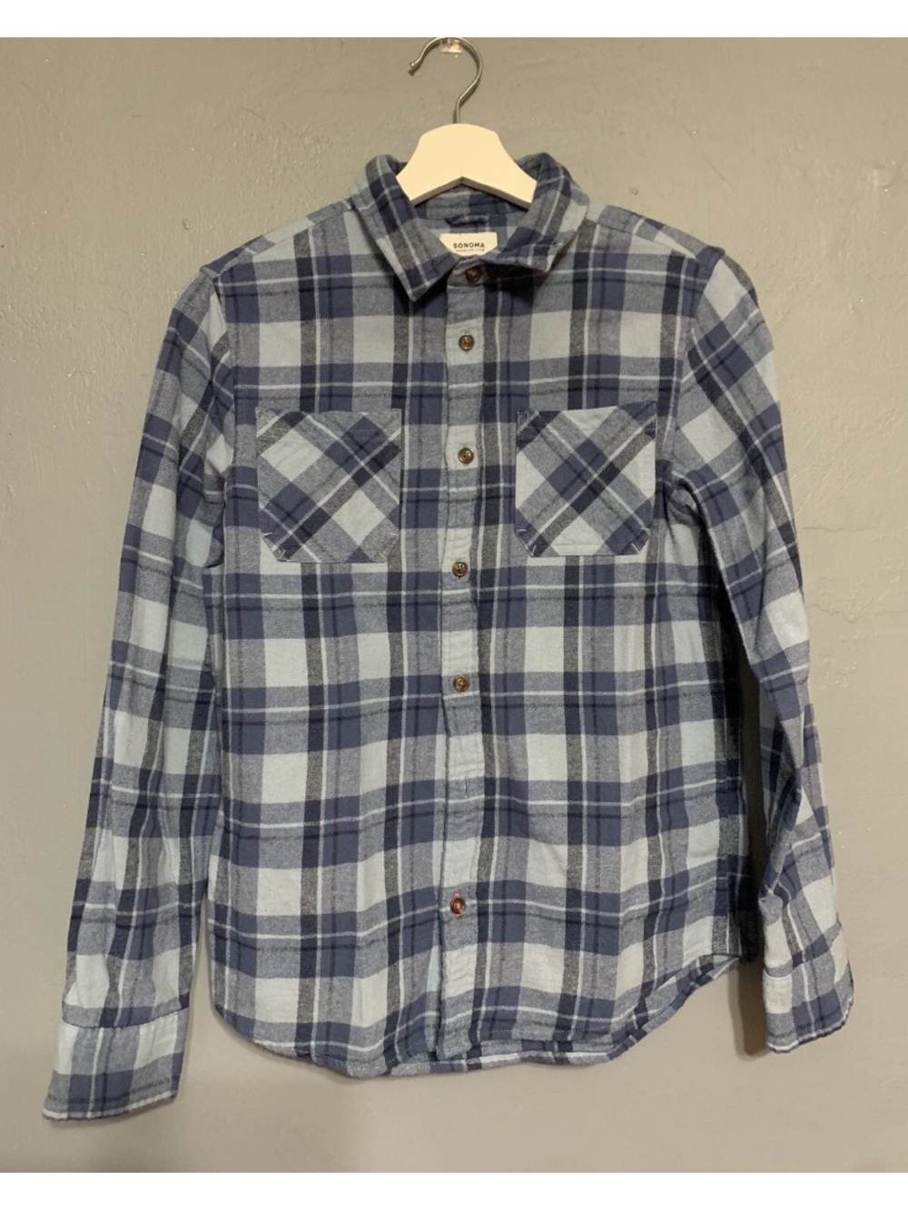Sonoma Boys Sz Large Blue Plaid Flannel Button-Down Long Sleeve Shirt